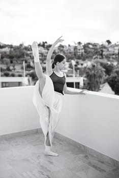 A talented ballet dancer gracefully performs an elegant pose against a breathtakingly picturesque backdrop