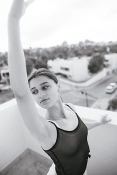 A truly graceful dancer encapsulates elegance beautifully with a raised arm pose set against a scenic backdrop
