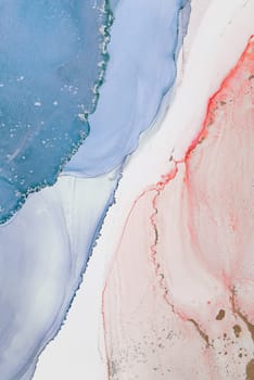 This artwork displays an abstract arrangement of soft blue and coral red colors flowing together, complemented by a clean white backdrop, creating a serene visual experience.