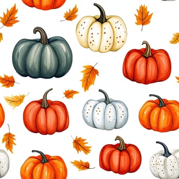 A vibrant collection of orange, white, and gray pumpkins is surrounded by scattered autumn leaves, creating a festive atmosphere for the fall season.