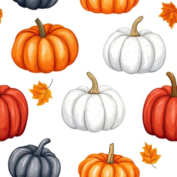 A vibrant collection of orange, white, and gray pumpkins is surrounded by scattered autumn leaves, creating a festive atmosphere for the fall season.