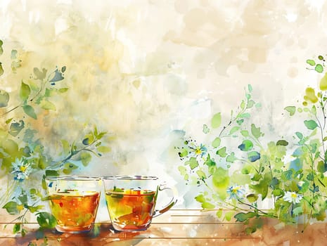 A vibrant cup of tea rests on a saucer amidst a lively arrangement of colorful flowers, capturing the serene beauty of nature in a garden.
