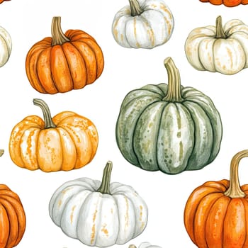 A vibrant collection of pumpkins in orange, white, and gray rests against a clean background, ideal for fall decorations or seasonal crafts.