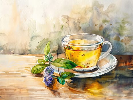 A vibrant cup of tea rests on a saucer amidst a lively arrangement of colorful flowers, capturing the serene beauty of nature in a garden.