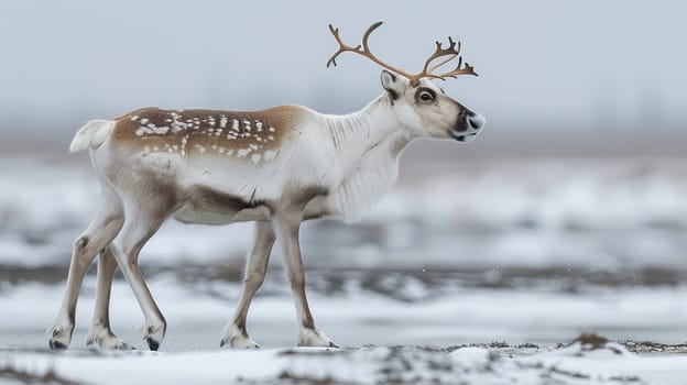 Portrait of a reindeer with massive antlers in the tundra. Reindeer in the polar region.