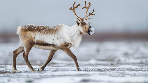 Portrait of a reindeer with massive antlers in the tundra. Reindeer in the polar region.