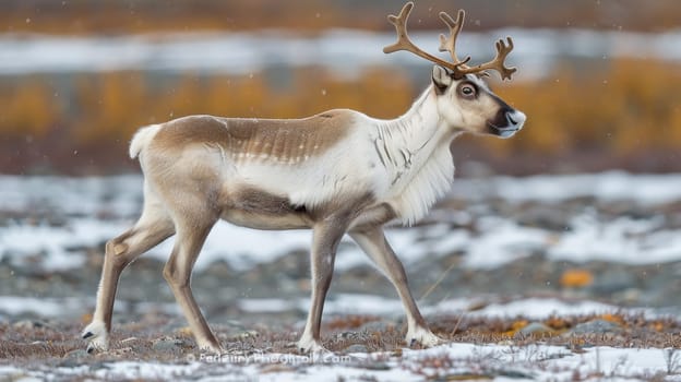 Portrait of a reindeer with massive antlers in the tundra. Reindeer in the polar region.