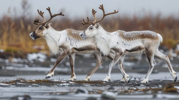 Svalbard reindeer with large antlers. Two reindeer in the north on the tundra.