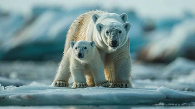 Two polar bears mother and cub walk on an ice floe in Arctic waters.