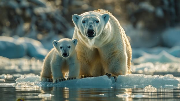 Two polar bears mother and cub walk on an ice floe in Arctic waters.