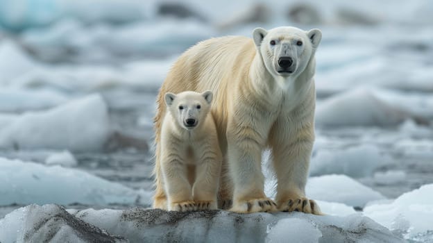 Two polar bears mother and cub walk on an ice floe in Arctic waters.