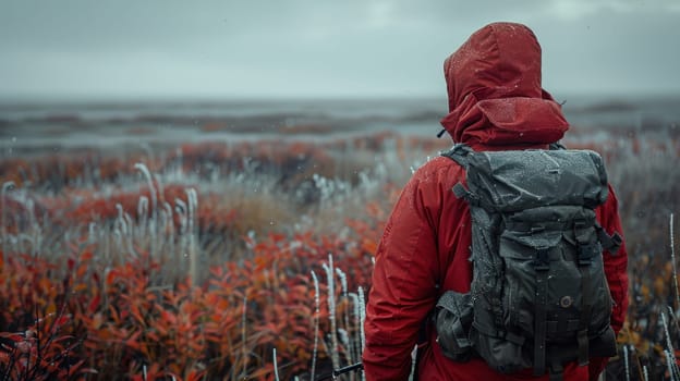 A young traveler with a backpack on a hike. Hiking in the fall forest . Tourist traveler against the background of the forest.
