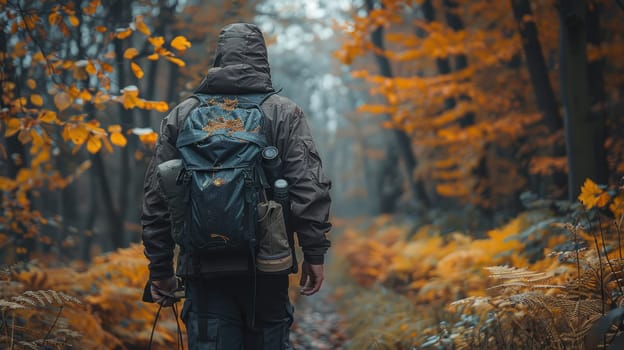 A young traveler with a backpack on a hike. Hiking in the fall forest . Tourist traveler against the background of the forest.