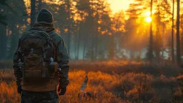 A young traveler with a backpack on a hike. Hiking in the fall forest . Tourist traveler against the background of the forest.
