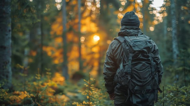 A young traveler with a backpack on a hike. Hiking in the fall forest . Tourist traveler against the background of the forest.