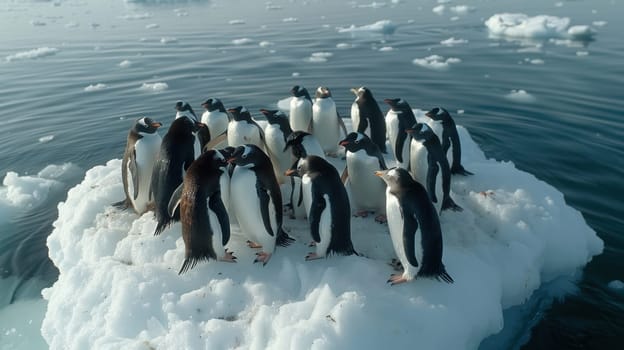 A group of penguins on the ice against a background of icebergs. Many penguins on an ice floe in the ocean.
