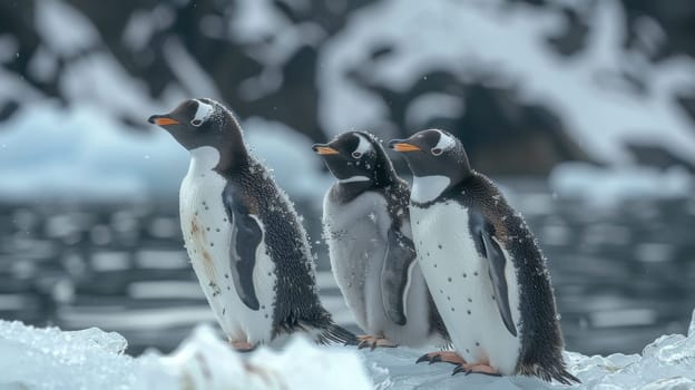 A group of penguins on the ice against a background of icebergs. Many penguins on an ice floe in the ocean.