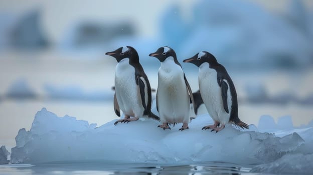 A group of penguins on the ice against a background of icebergs. Many penguins on an ice floe in the ocean.