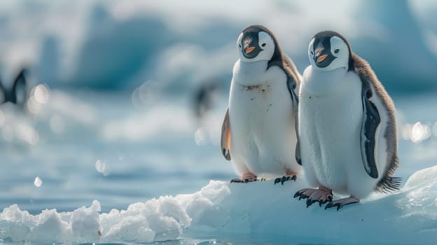 A group of penguins on the ice against a background of icebergs. Many penguins on an ice floe in the ocean.