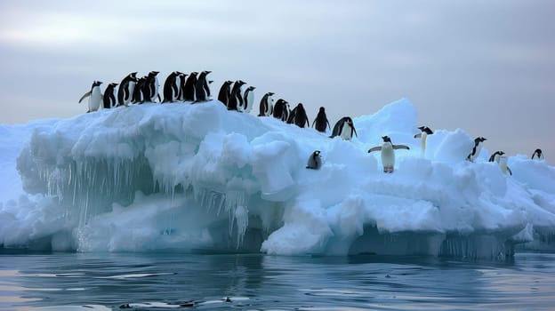 A group of penguins on the ice against a background of icebergs. Many penguins on an ice floe in the ocean.
