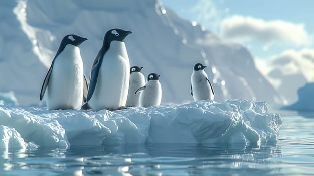 A group of penguins on the ice against a background of icebergs. Many penguins on an ice floe in the ocean.