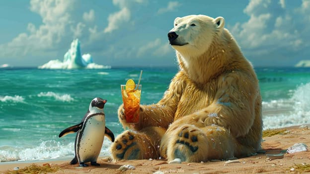 A polar bear and a penguin on a tropical beach with a cocktail. Travel and different concepts.
