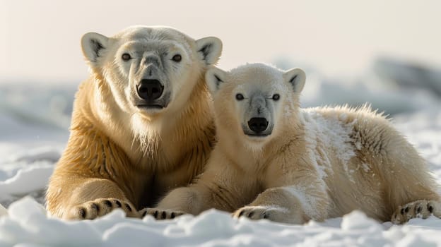 Two polar bears mother and cub walk on an ice floe in Arctic waters.