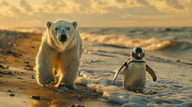 A polar bear and a penguin stroll along the beach.