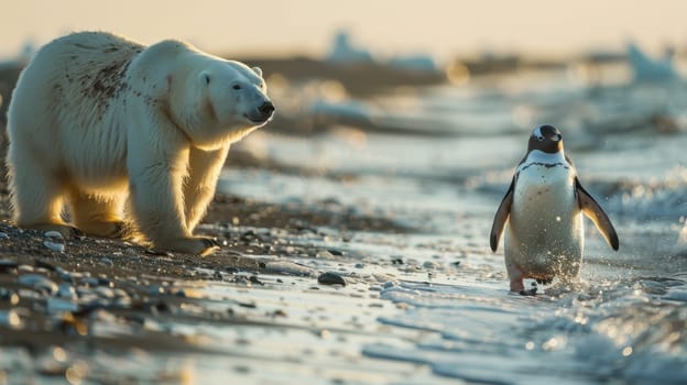A polar bear and a penguin stroll along the beach.