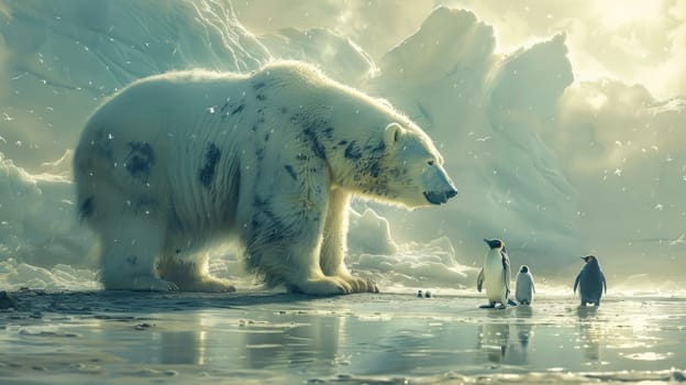 A polar bear and a penguin stroll along the beach.