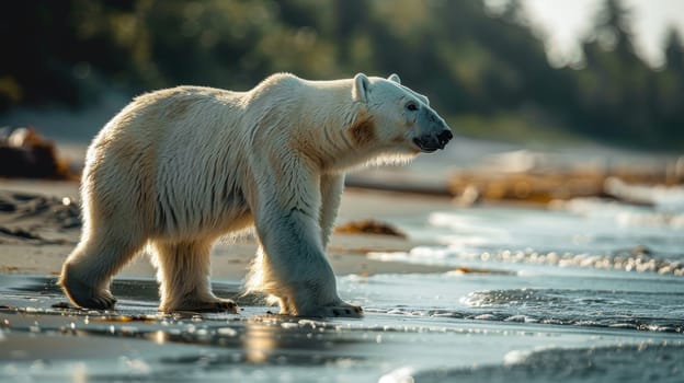 A polar bear walks on the beach along the ocean. A large polar bear on a northern beach.