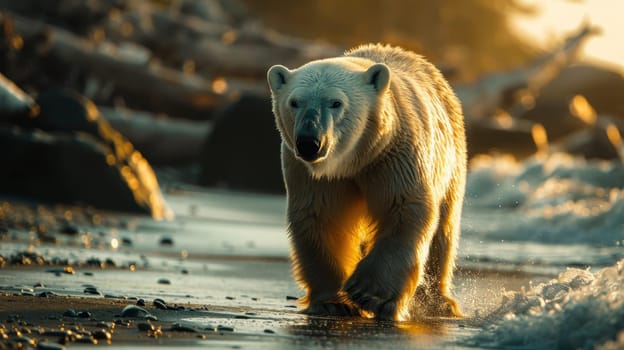 A polar bear walks on the beach along the ocean. A large polar bear on a northern beach.