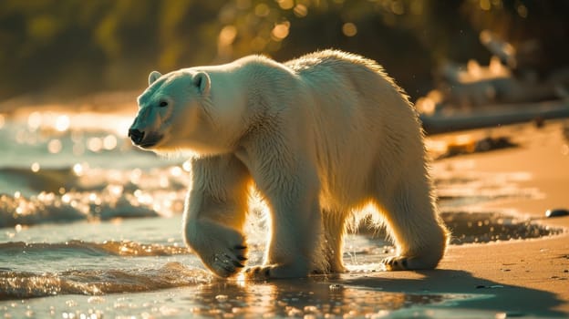 A polar bear walks on the beach along the ocean. A large polar bear on a northern beach.