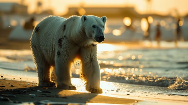 A polar bear walks on the beach along the ocean. A large polar bear on a northern beach.