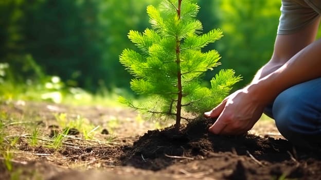 An individual is carefully planting a young tree into the soil, ensuring it is positioned well to grow and thrive in its natural environment