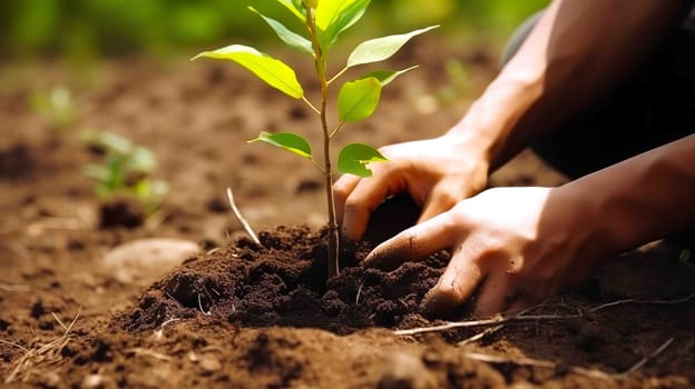 An individual is carefully planting a young tree into the soil, ensuring it is positioned well to grow and thrive in its natural environment