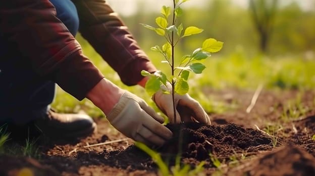 An individual is carefully planting a young tree into the soil, ensuring it is positioned well to grow and thrive in its natural environment