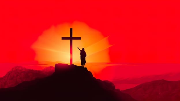 A man is carrying a heavy cross while wearing a painful crown of thorns upon his head, symbolizing a profound struggle and sacrifice
