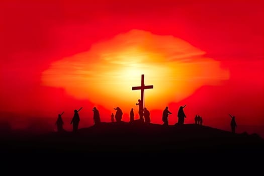 A group of diverse individuals are standing together around a tall cross against the beautiful backdrop of a vivid sunset sky
