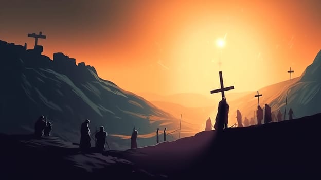 A group of diverse individuals are standing together around a tall cross against the beautiful backdrop of a vivid sunset sky