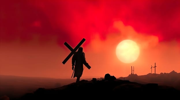 A man is carrying a heavy cross while wearing a painful crown of thorns upon his head, symbolizing a profound struggle and sacrifice