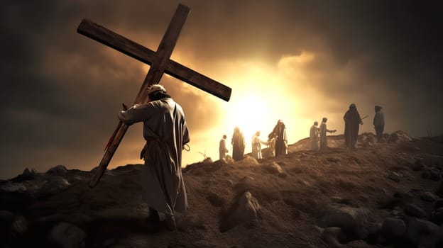 A group of diverse individuals are standing together around a tall cross against the beautiful backdrop of a vivid sunset sky