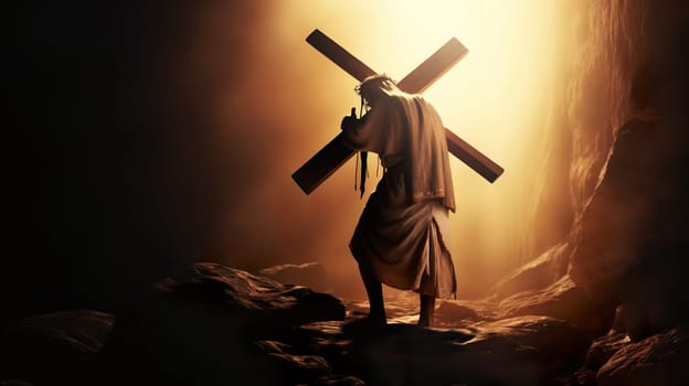 A man is carrying a heavy cross while wearing a painful crown of thorns upon his head, symbolizing a profound struggle and sacrifice