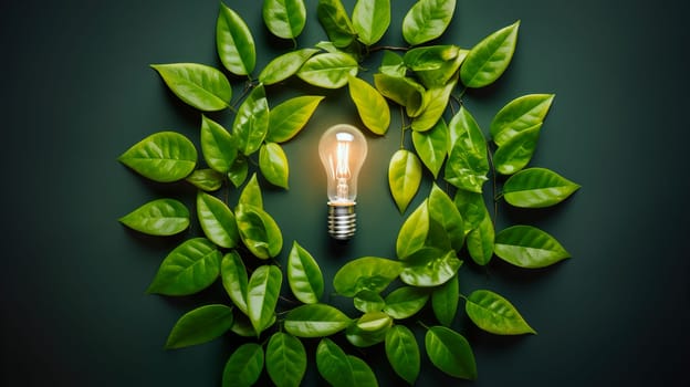 A light bulb is beautifully surrounded by vibrant green leaves set against a dark background, creating an intriguing contrast and ambiance