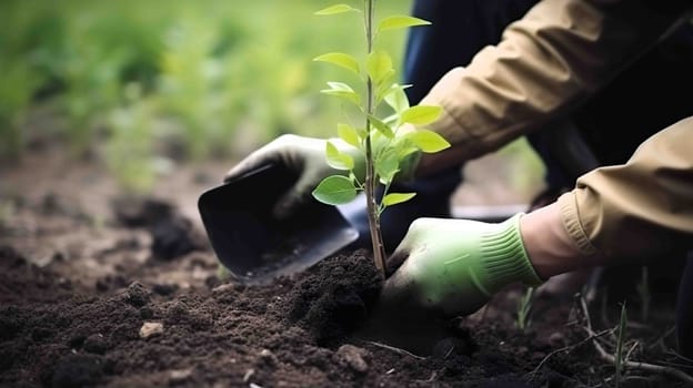 An individual is carefully planting a young tree into the soil, ensuring it is positioned well to grow and thrive in its natural environment
