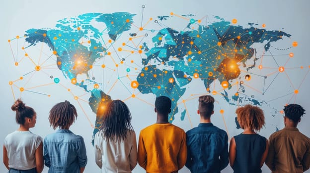 Group of young people on background of world map . Communication, teamwork and the concept of connections.