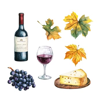 This artwork features two wine bottles, a glass of red wine, and a wooden barrel, all surrounded by clusters of grapes and vibrant autumn leaves, reflecting a vineyard's harvest.