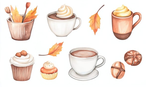 The artwork showcases a collection of autumn-inspired beverages and desserts, including mugs of hot chocolate, cupcakes, and colorful leaves, evoking a cozy fall atmosphere.