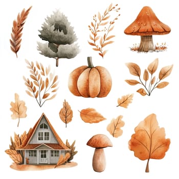 A charming display includes a cozy house surrounded by vivid autumn leaves, pumpkins, and mushrooms in shades of orange, brown, and green, reflecting the beauty of fall.