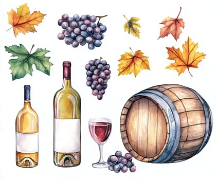 This artwork features two wine bottles, a glass of red wine, and a wooden barrel, all surrounded by clusters of grapes and vibrant autumn leaves, reflecting a vineyard's harvest.